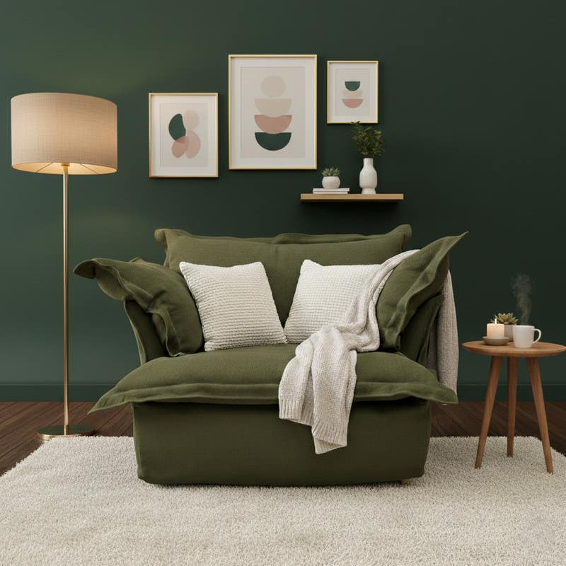 Modern recliner chair, beech wood, linen fabric, 80x100x80 cm - olive