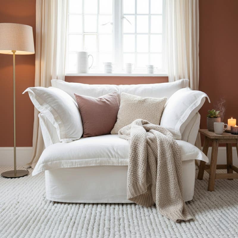 Modern recliner chair, beech wood, linen fabric, 80x100x80 cm - White