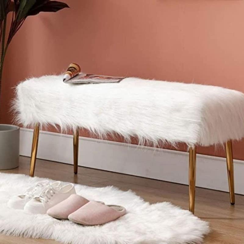 Fur Banquet with steel legs, MDF wood - Fur upholstery, 100×50×48 cm - White