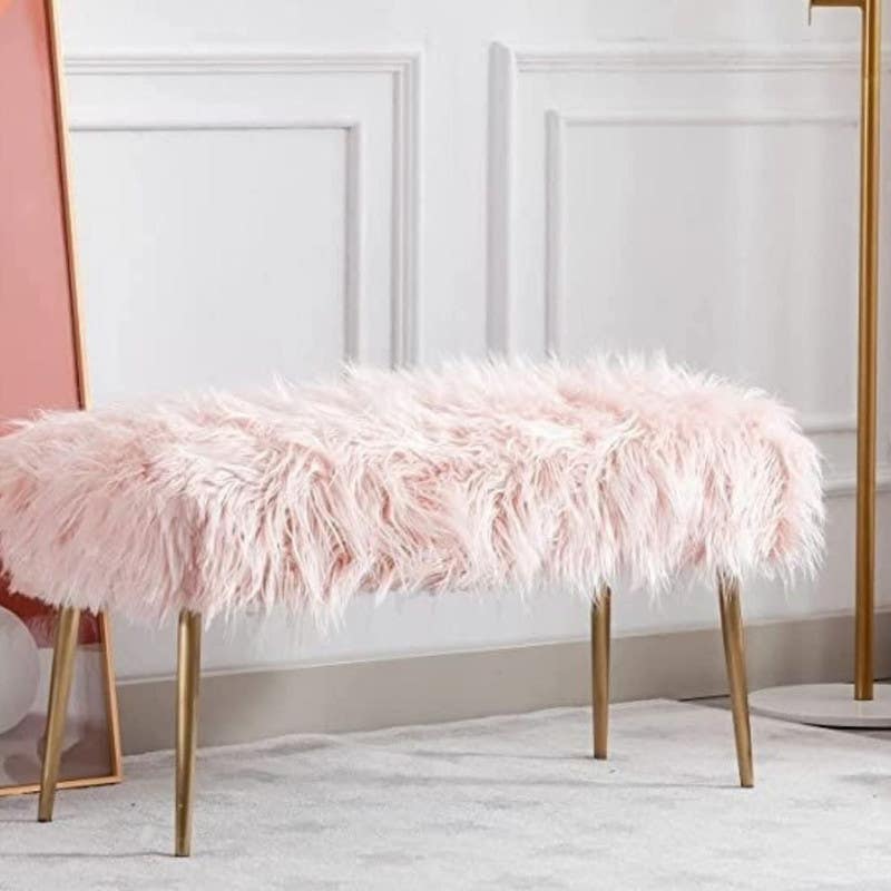 Fur Banquet with steel legs, MDF wood - Fur upholstery, 100×50×48 cm - Pink