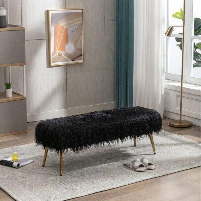 Fur Banquet with steel legs, MDF wood - Fur upholstery, 100×50×48 cm - Black