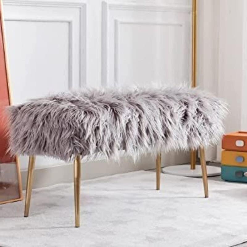 Velvet Banquet with steel legs, MDF wood - Fur upholstery, 100×50×48 cm - Grey