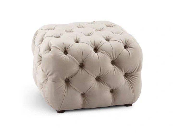 Modern pouf chair, MDF wood - Velvet Fabric, 50×50×48 cm - Off White