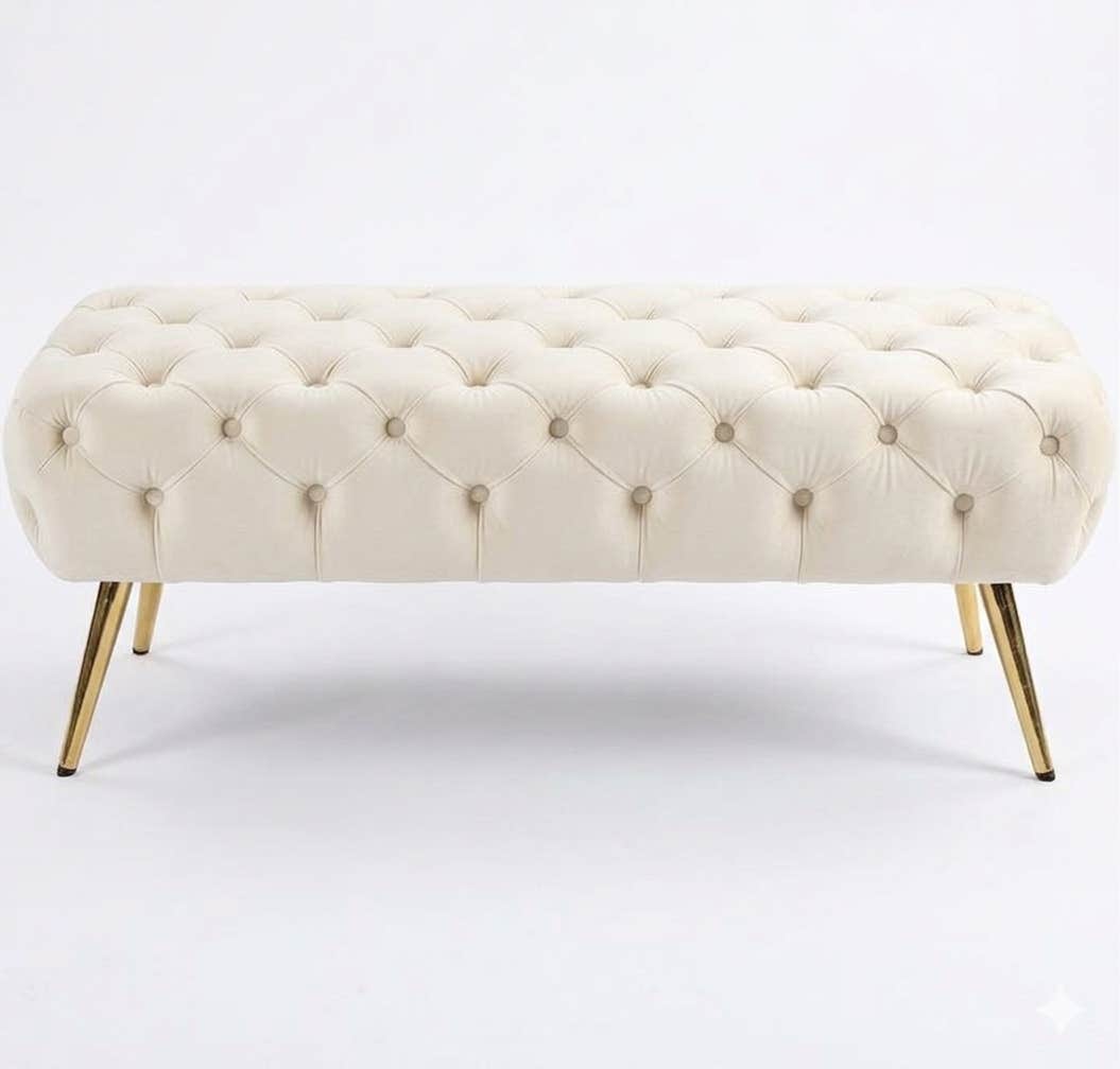 Velvet Banquet with steel legs, MDF wood - Velvet upholstery, 100×50×48 cm - Off White