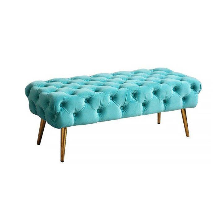 Velvet Banquet with steel legs, MDF wood - Velvet upholstery, 100×50×48 cm - Light Blue