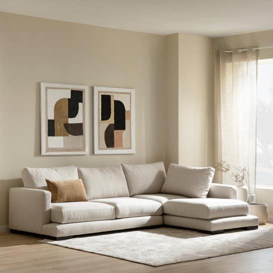 Corner sofa, white beech wood, Koya linen fabric, cushion, 270x190x90 cm - off white