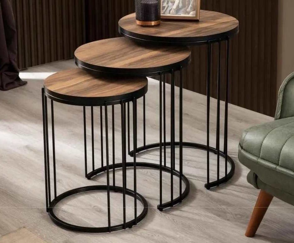Metal Side Table Set With Mdf Surface, 3 Pieces - Black Brown