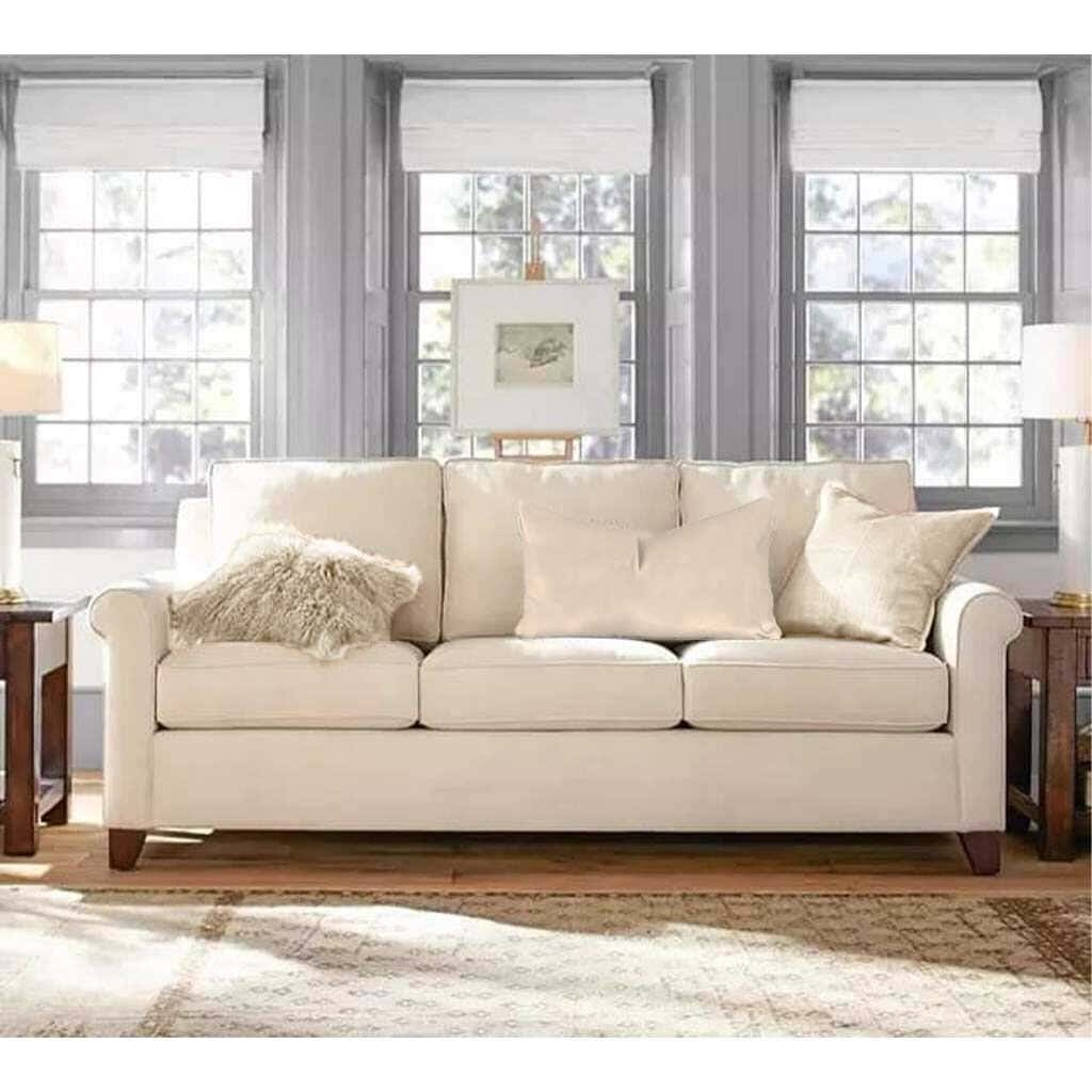 Three-Seat Sofa, Beech Wood, Velvet Fabric, 80 × 210 × 80 Cm - Beige