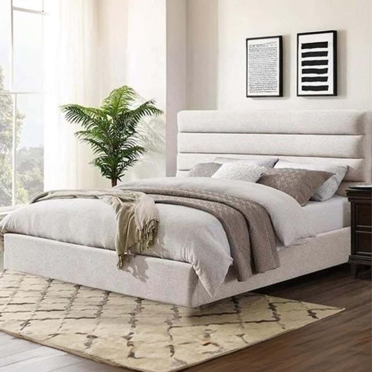 Wood Bed, Velvet Fabric, 200×180×123 Cm - Off White