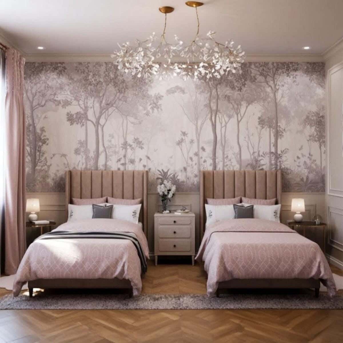 Wood Bed, Velvet Fabric, 2 Pieces,200×100×123 Cm - Beige