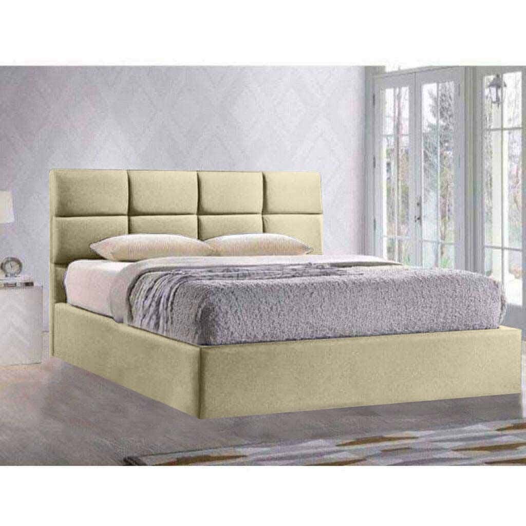 Wood Bed, Velvet Fabric, 200×150×123 Cm - Beige