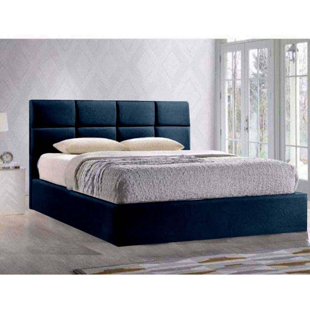 Wood Bed, Velvet Fabric, 200×180×123 Cm - Blue