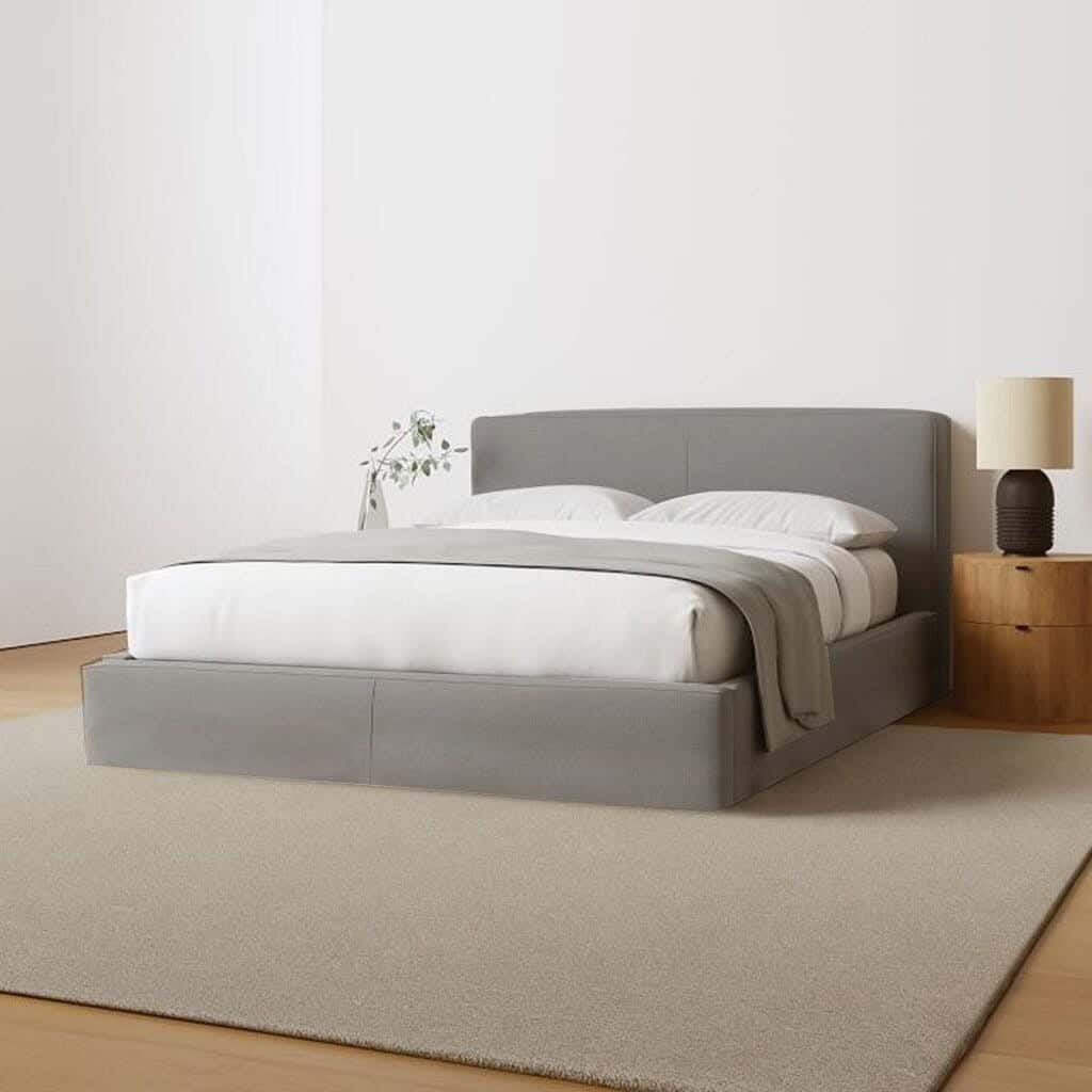 Wood Bed, Velvet Fabric, 200×120×123 Cm - Grey