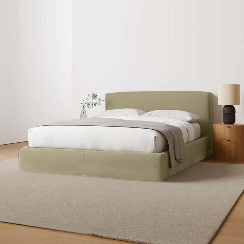 Wood Bed, Velvet Fabric, 200×150×123 Cm - Beige
