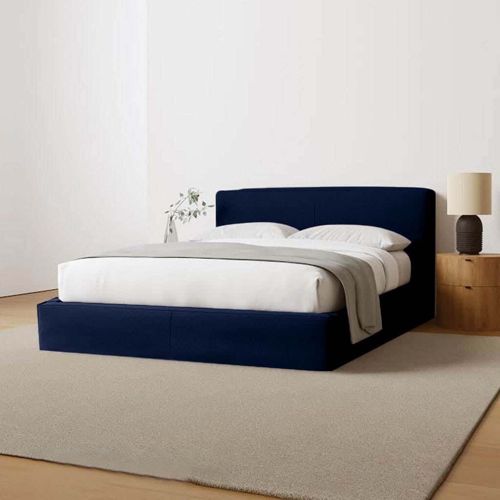 Wood Bed, Velvet Fabric, 200×180×123 Cm - Blue