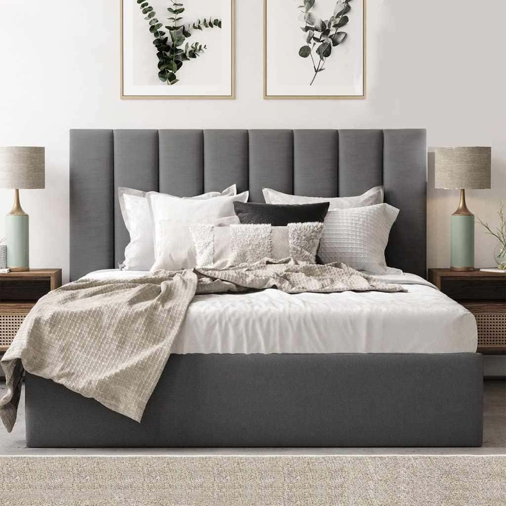 Wood Bed, Velvet Fabric, 200×140×123 Cm - Grey