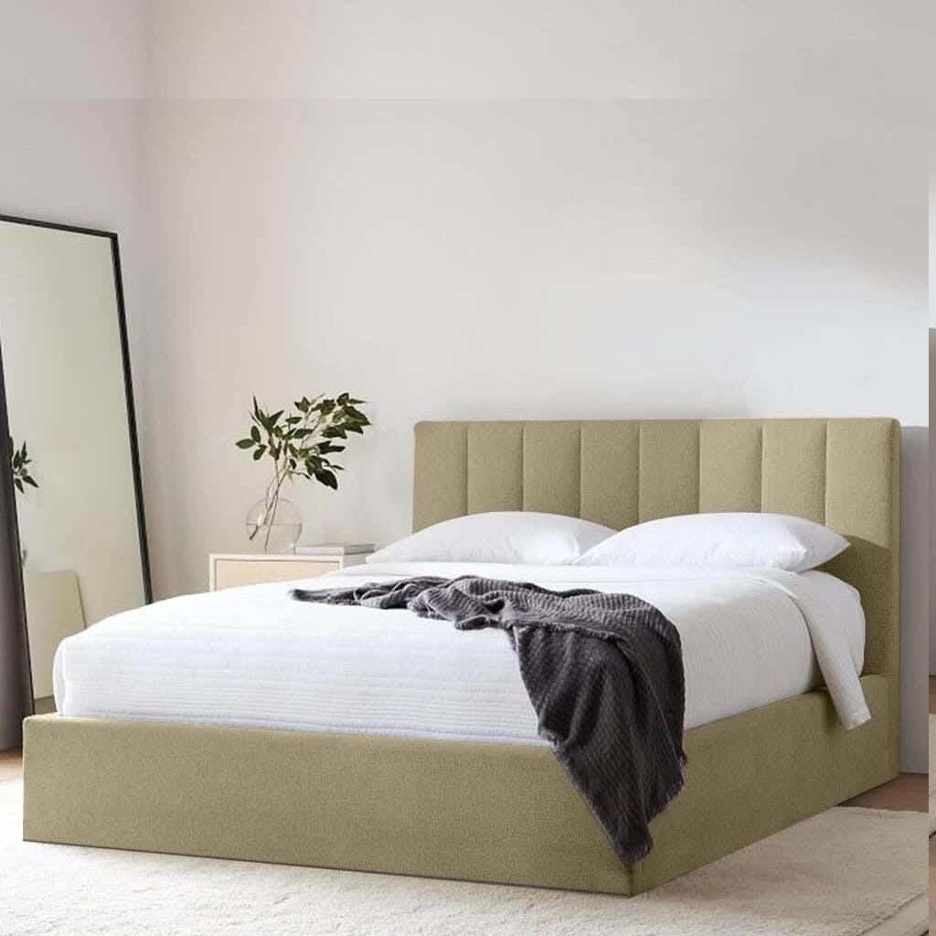 Wood Bed, Velvet Fabric, 200×180×123 Cm - Beige