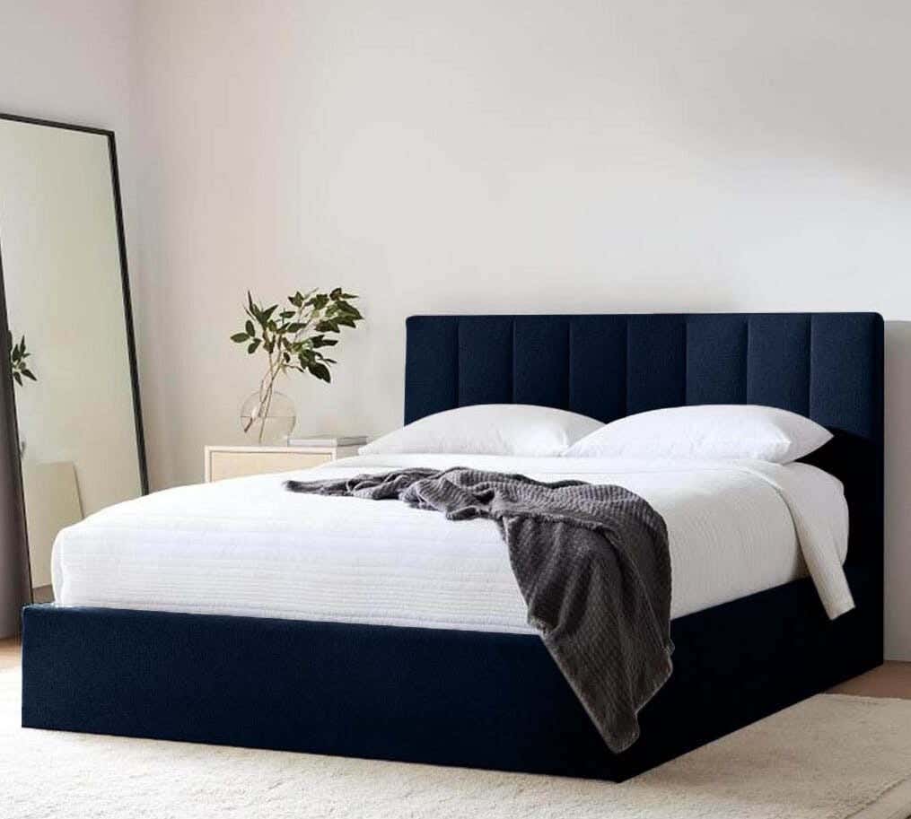Wood Bed, Velvet Fabric, 200×180×123 Cm - Blue