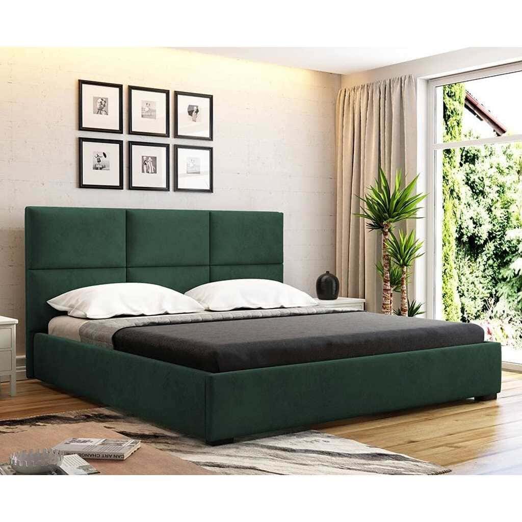 Wood Bed, Velvet Fabric, 200×150×123 Cm - Green