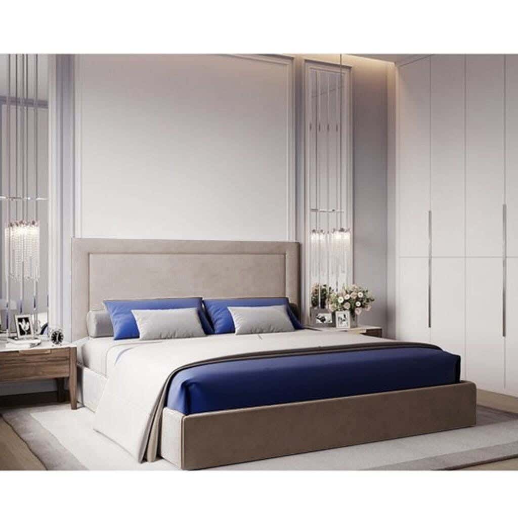 Wood Bed, Velvet Fabric, 200×180×123 Cm - Beige