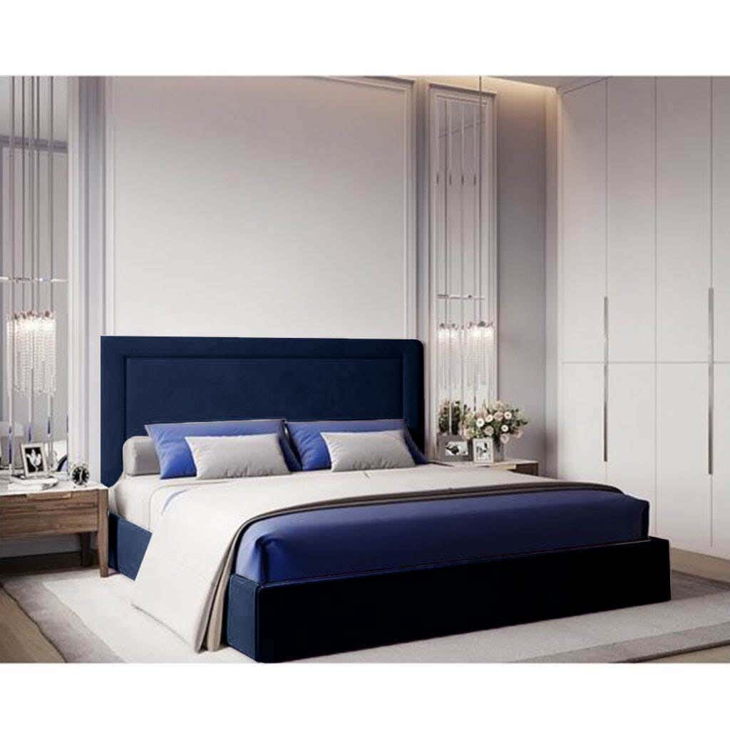 Wood Bed, Velvet Fabric, 200×160×123 Cm - Blue