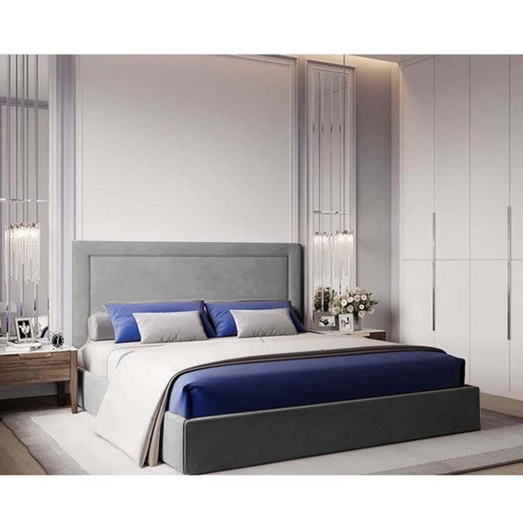 Wood Bed, Velvet Fabric, 200×140×123 Cm - Grey