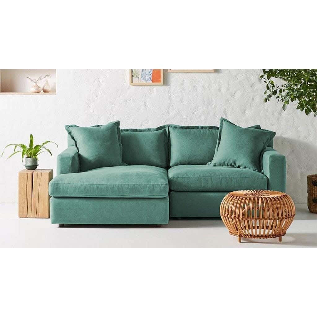 L-Shape Beech Wood Sofa, Velvet Fabric, 80 × 200 Cm - Mint Green