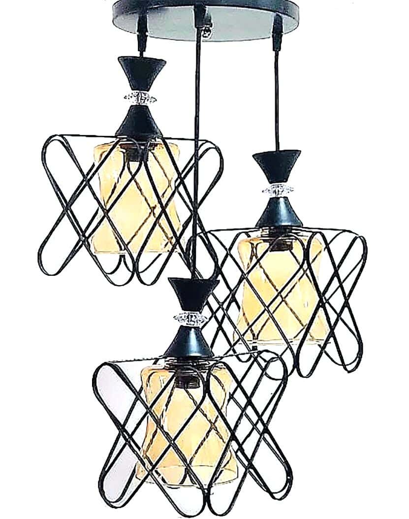 Triple Metal Chandelier With Rust-Resistant Metal Coating And Dual Lighting Options (White and Warm) - Black Beige