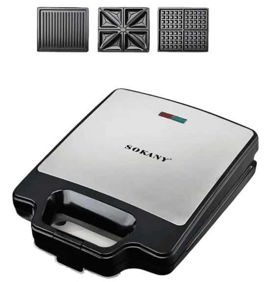 Sokany Sk-Bbq-852 Multifunctional Sandwich Maker, 3×1, 1400 Watt - Black Silver