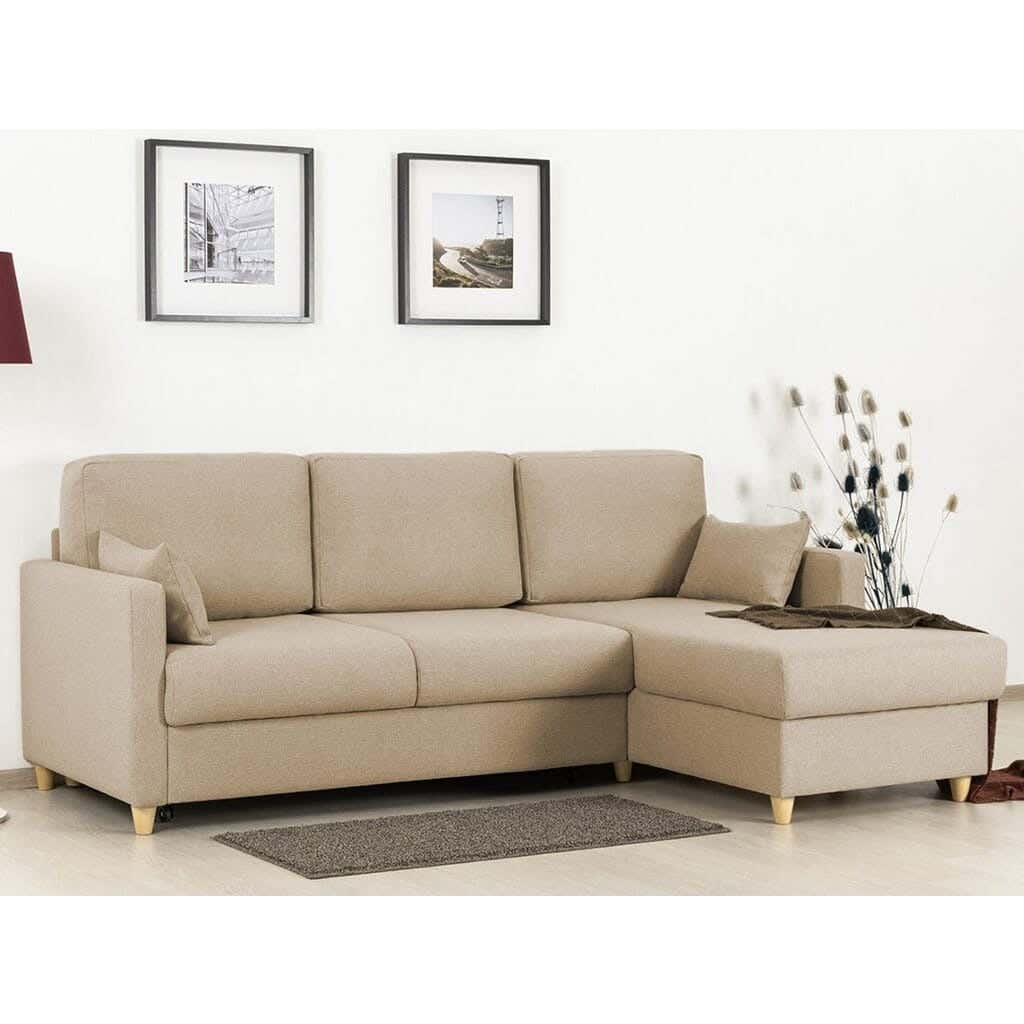 L-Shape Beech Wood Sofa, Linen Fabric, 85 × 250 Cm - Beige