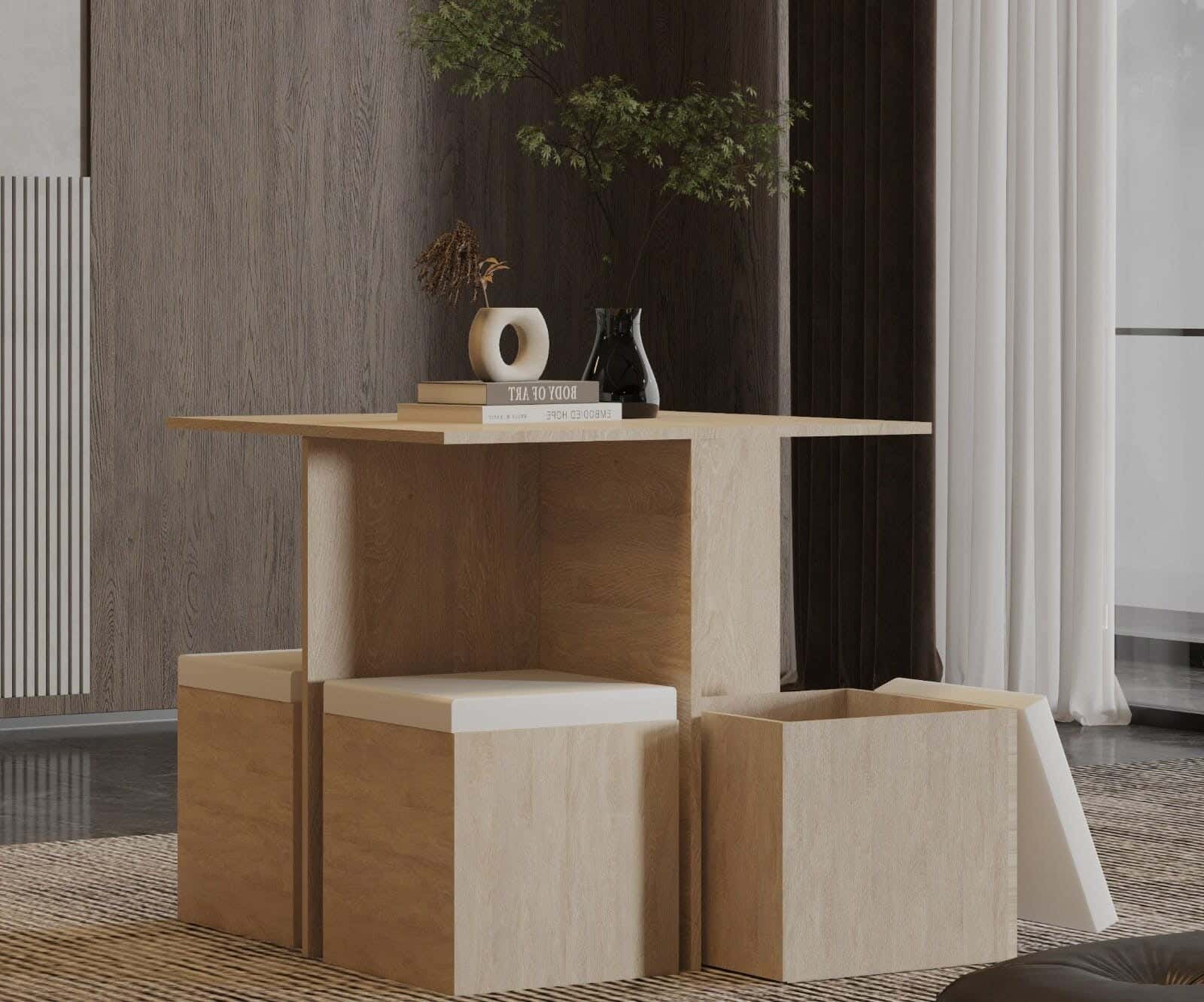 Smiley Dining Table Equipped With 4 Chairs MDF Wood, 90×85×90 cm - Light Wooden