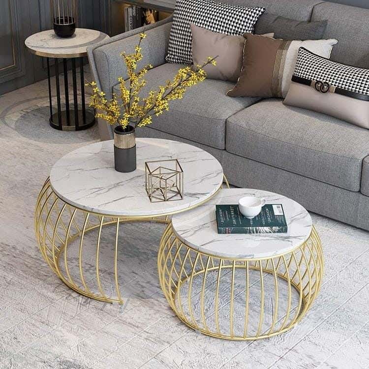 Metal Center Table Set With MDF Wood Surface, Two Pieces - Gold And White