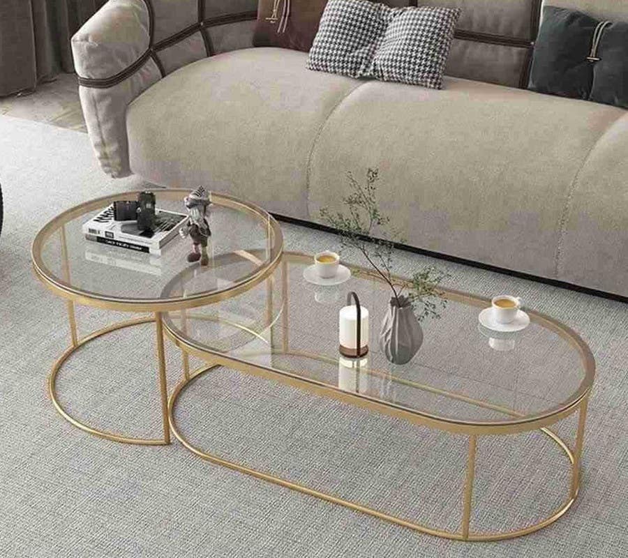 Iron Center Table Set With Glass Top, Two Pieces - Gold