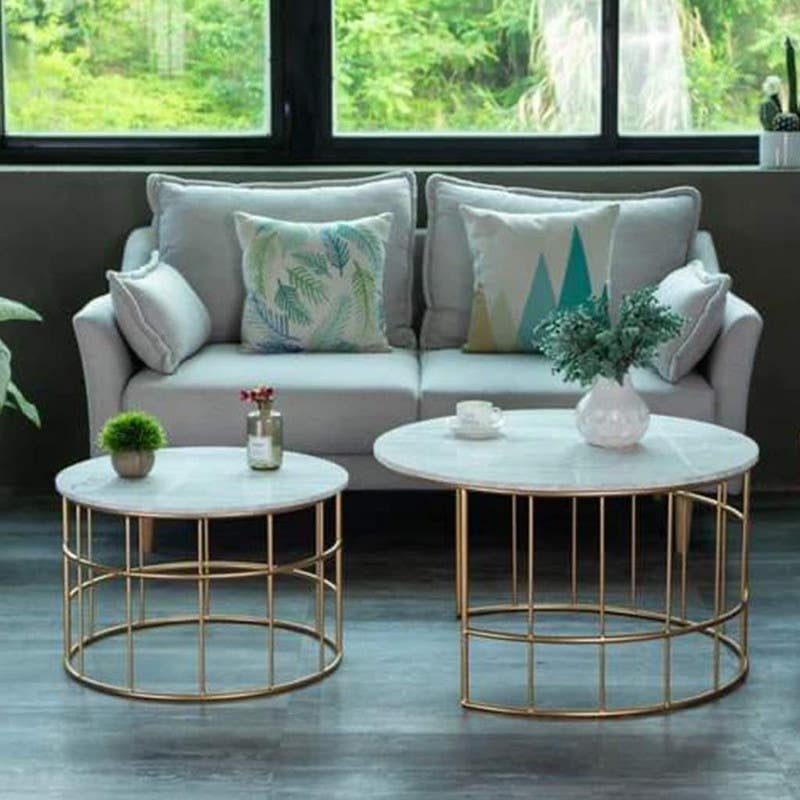 Steel Round Center Tables Set, Two Pieces, Marble Top - White Gold