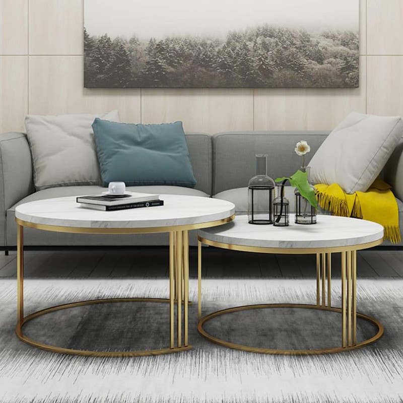 Steel Round Center Tables Set, Two Pieces - White And Golden