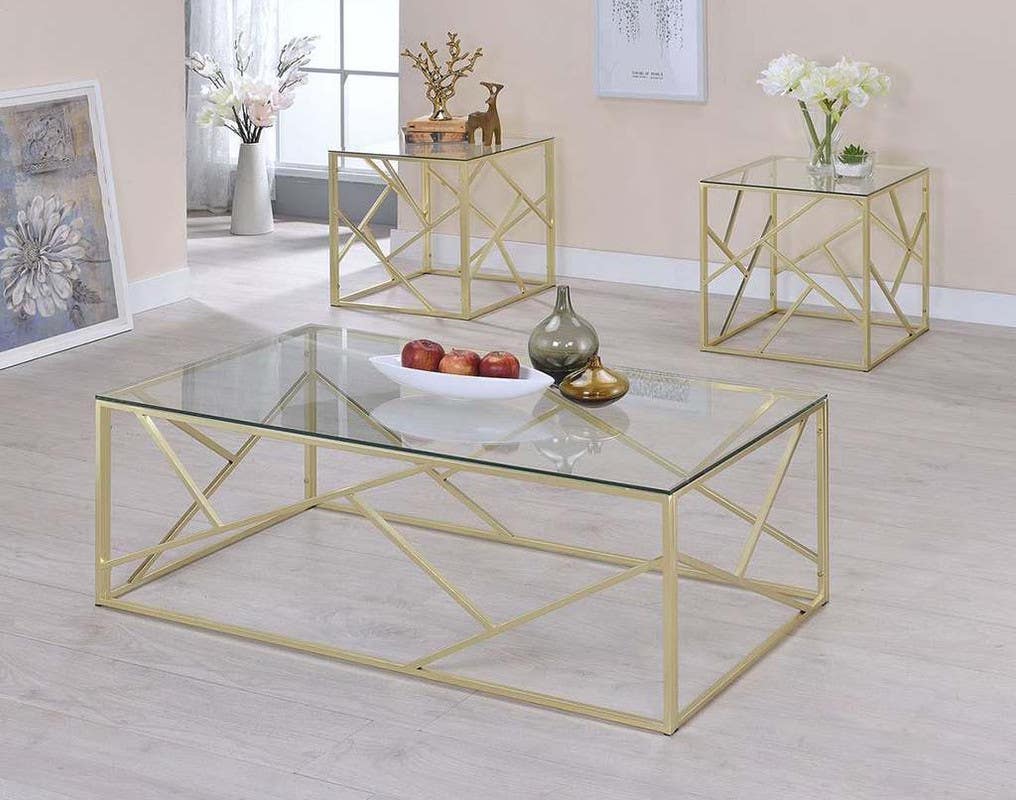 Steel Table Set, 3 Pieces, Rectangular Shape - Gold