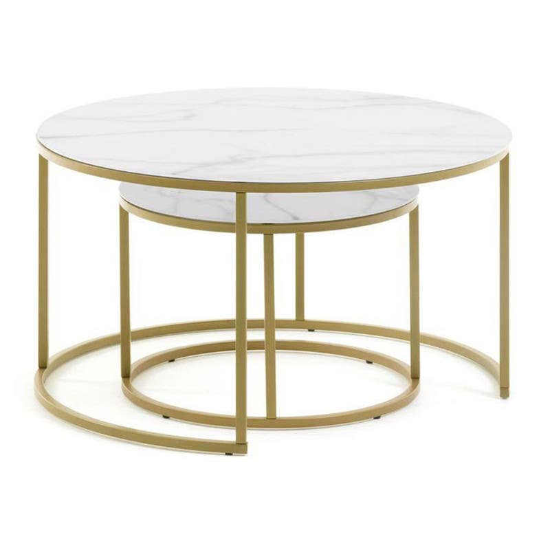 Steel Round Center Tables Set, Two Pieces, Marble Top - White Gold