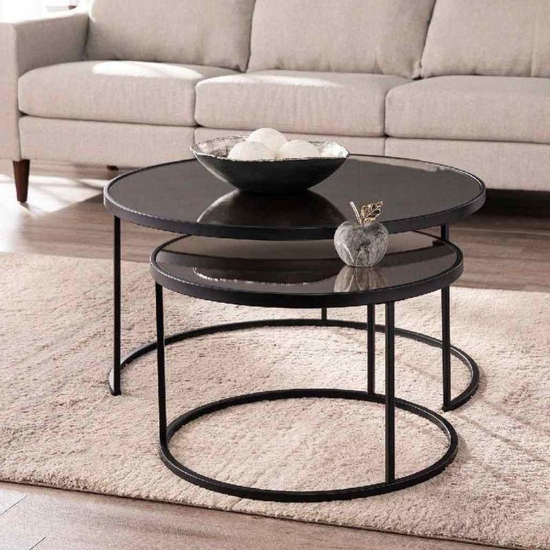 Steel Round Center Tables Set, Two Pieces, Glass Top - Black