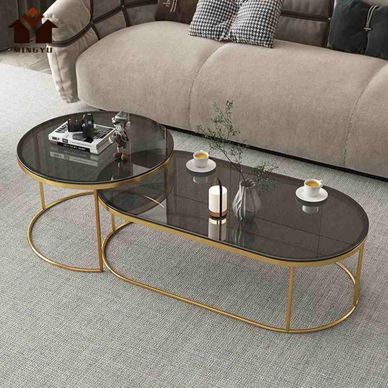 Steel Oval Center Tables Set, Two Pieces, Glass Top - Gold