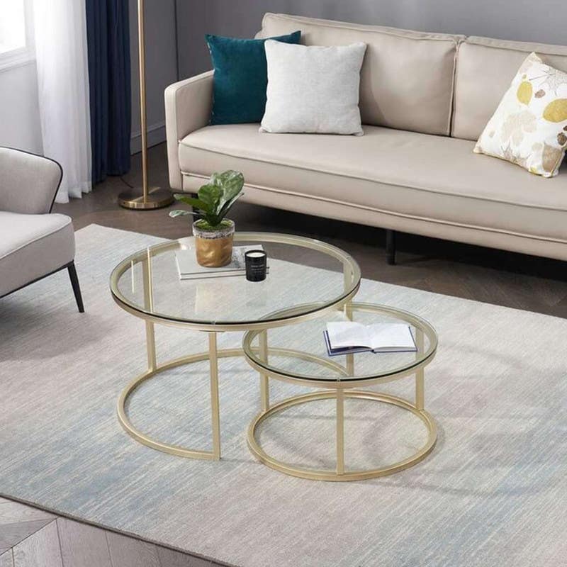 Steel Round Center Tables Set, Two Pieces, Glass Top - Gold