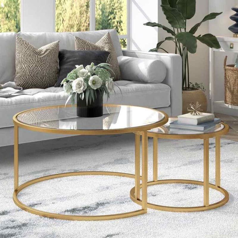 Steel Round Center Tables Set, Two Pieces, Glass Top - Gold