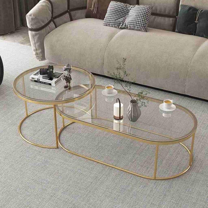 Steel Oval Center Tables Set, Two Pieces, Glass Top - Gold