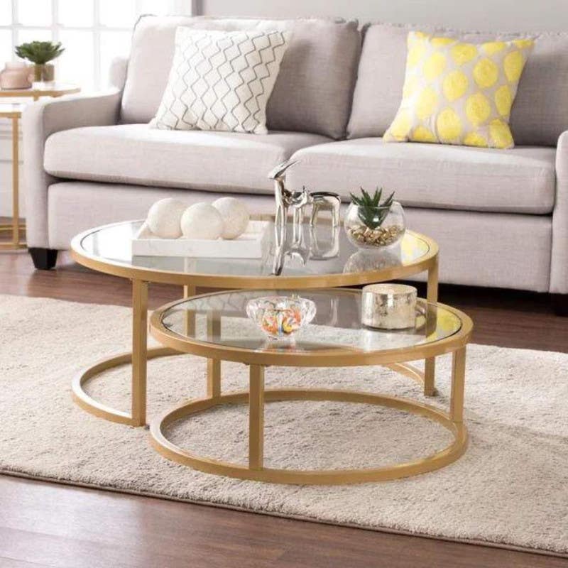 Steel Coffee Table Set, Round Shape, Two Pieces, 45×50 cm - Gold