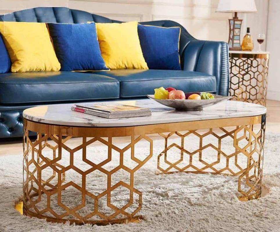 Steel Coffee Table , Oval Shape, One Piece, 50×70×110 cm - White Gold