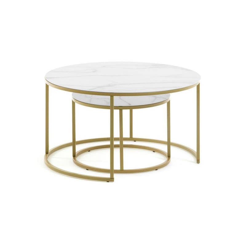 Steel Round Center Tables Set, Two Pieces, Marble Top - Golden White