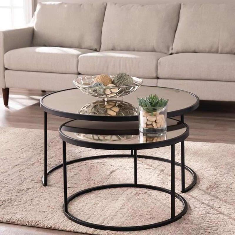 Steel Round Center Tables Set, Two Pieces, Glass Top - Black