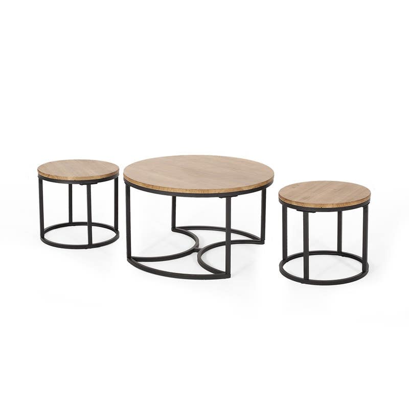 Steel Round Center Tables Set, 3 Pieces, Wood Top - Black Beige