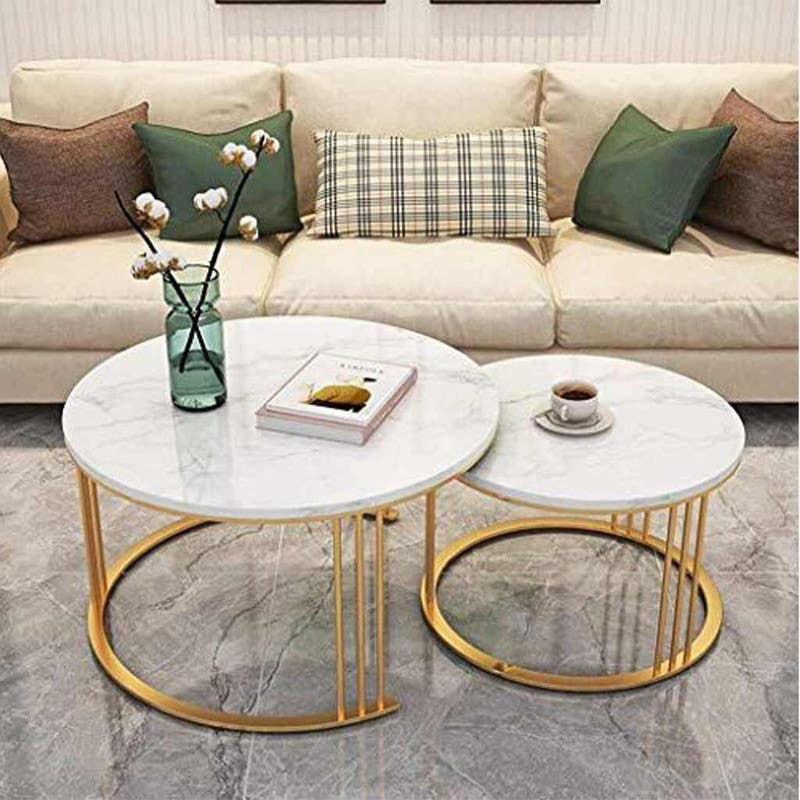 Steel Round Center Tables Set, Two Pieces, Marble Top - White Gold