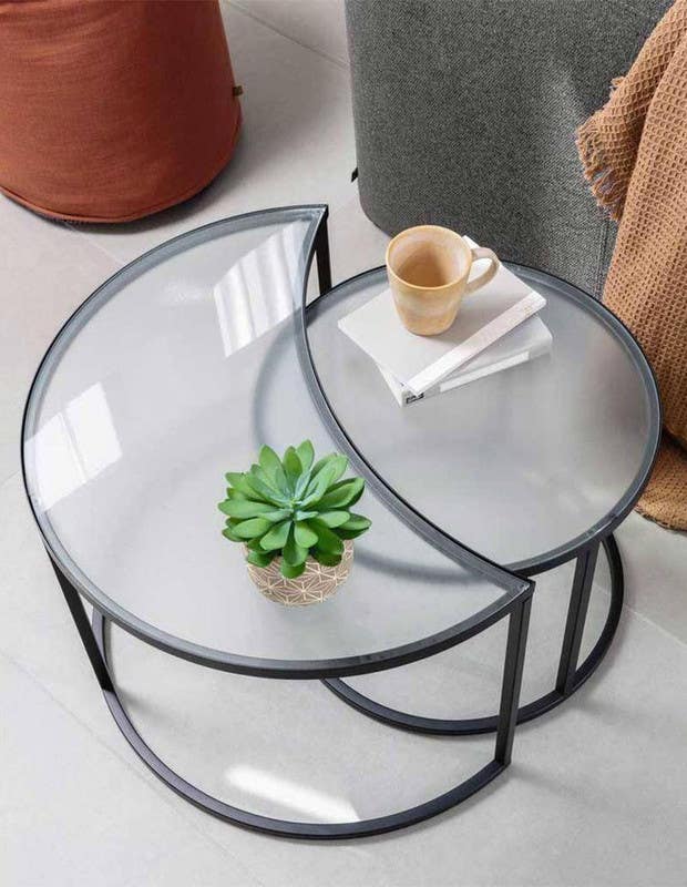 Steel Round Center Tables Set, Two Pieces, Glass Top - Black