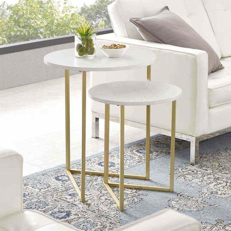 Steel Side Table Set, Two Pieces, Round Shape - White Gold